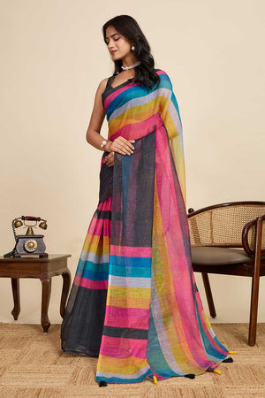 Multi Color Printed Linen Saree