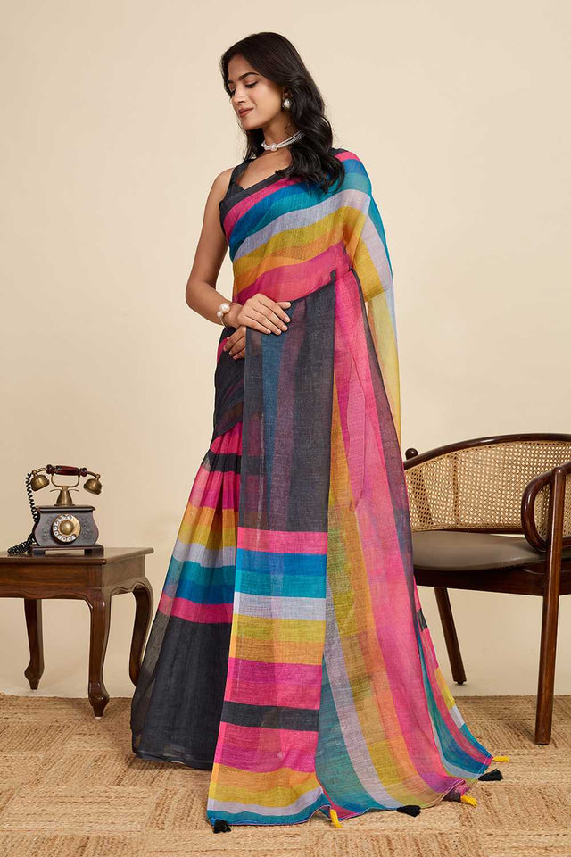 Multi Color Printed Linen Saree
