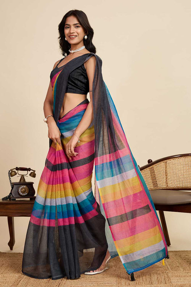Multi Color Printed Linen Saree