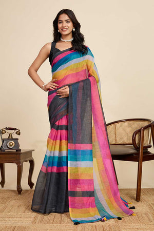 Multi Color Printed Linen Saree