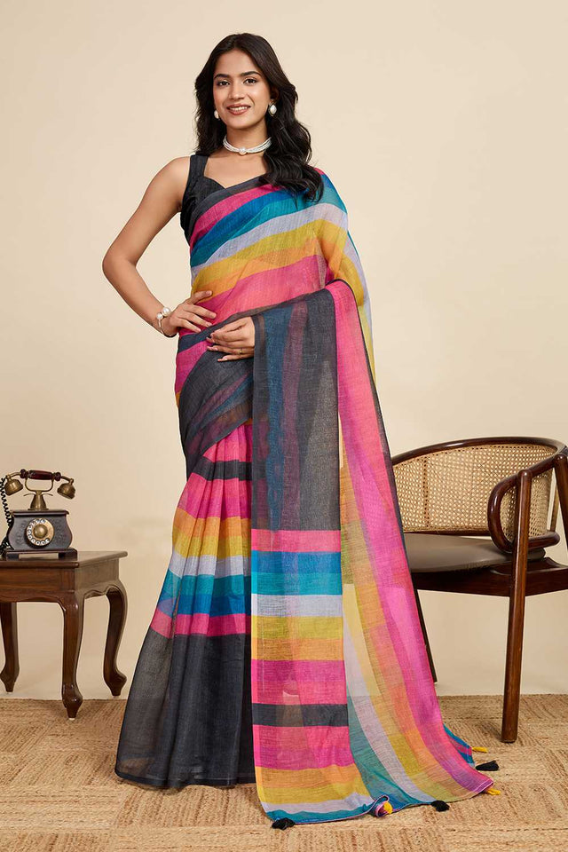 Multi Color Printed Linen Saree