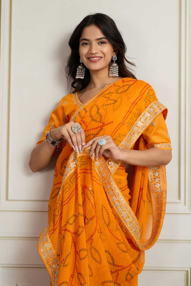 Yellow Bandhani Printed Georgette Saree