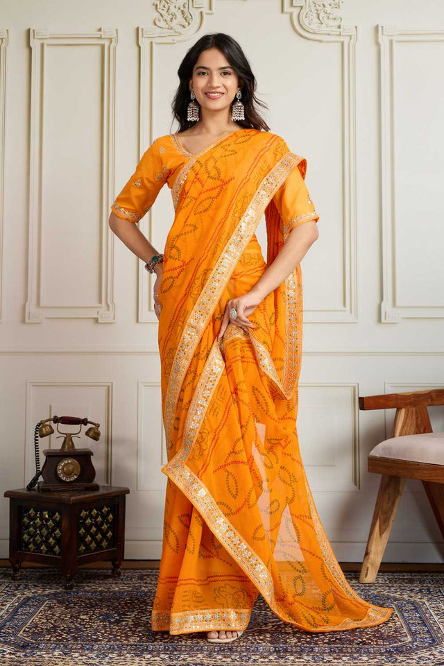 Yellow Bandhani Printed Georgette Saree
