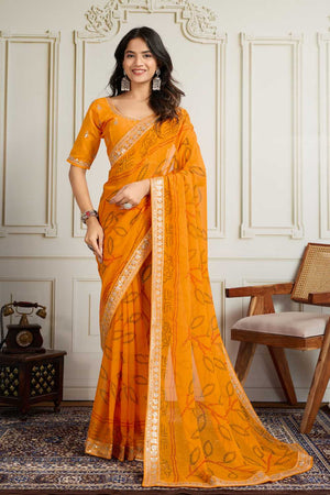 Yellow Bandhani Printed Georgette Saree