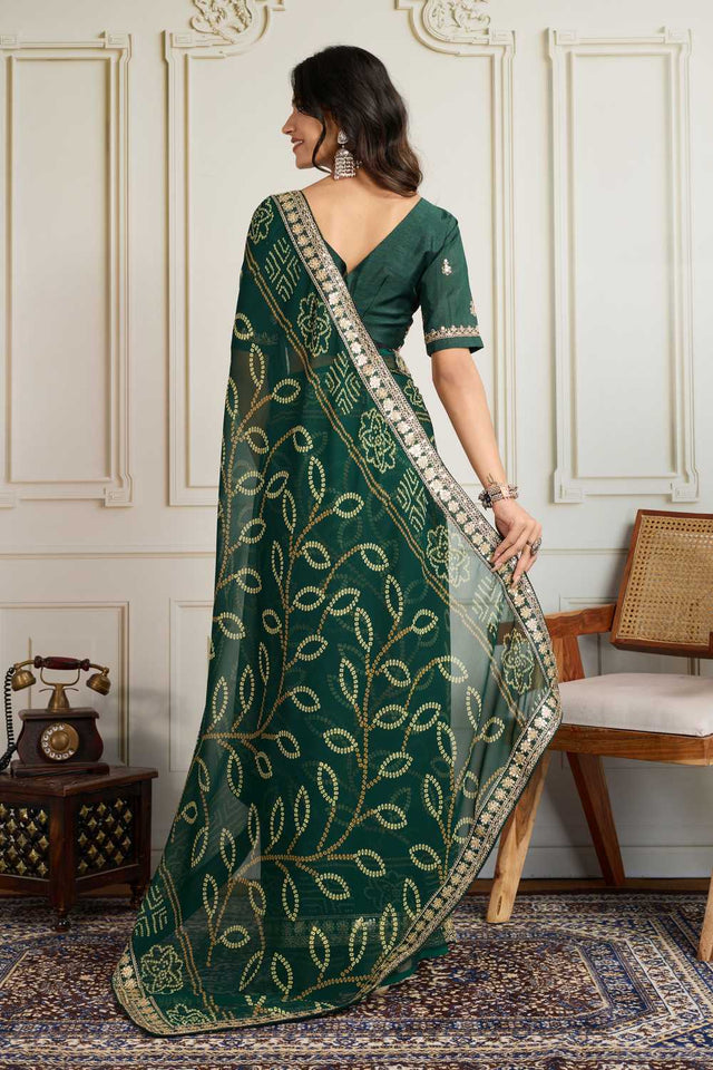 Green Bandhani Printed Georgette Saree