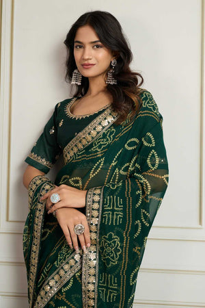 Green Bandhani Printed Georgette Saree