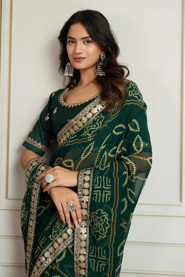 Green Bandhani Printed Georgette Saree