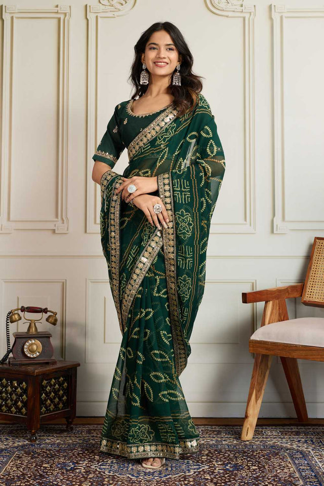Green Bandhani Printed Georgette Saree