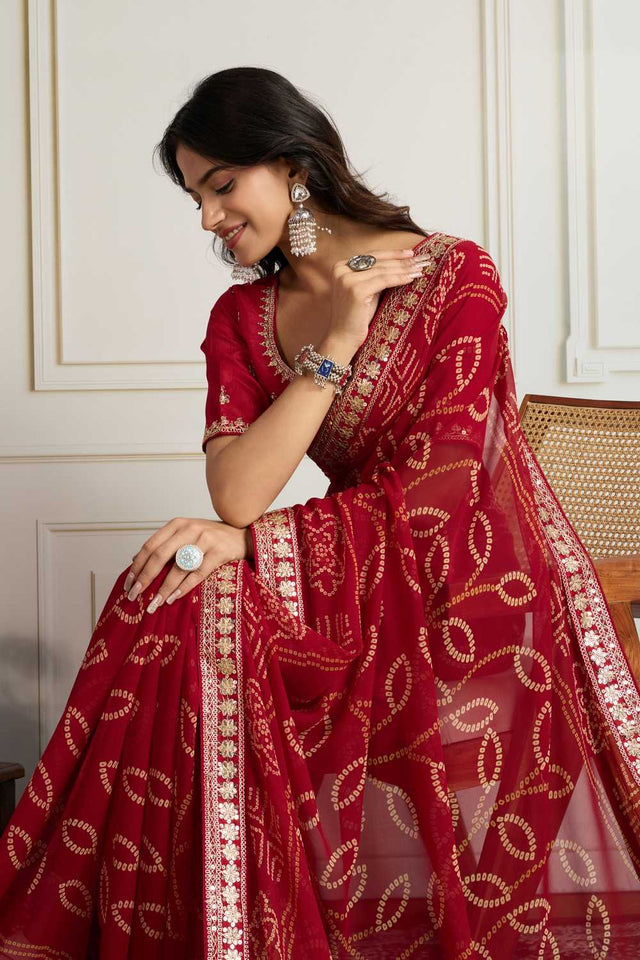 Maroon Bandhani Printed Georgette Saree