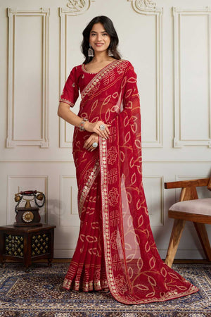 Maroon Bandhani Printed Georgette Saree