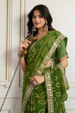 Mehendi Bandhani Printed Georgette Saree