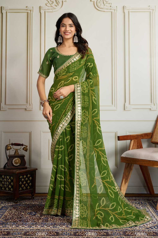 Mehendi Bandhani Printed Georgette Saree