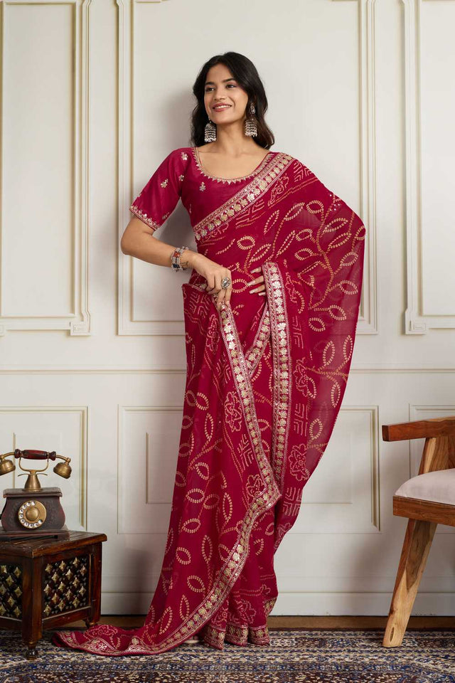 Pink Bandhani Printed Georgette Saree