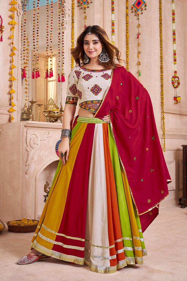 Multi Color Solid with Lace Work Cotton Lehenga