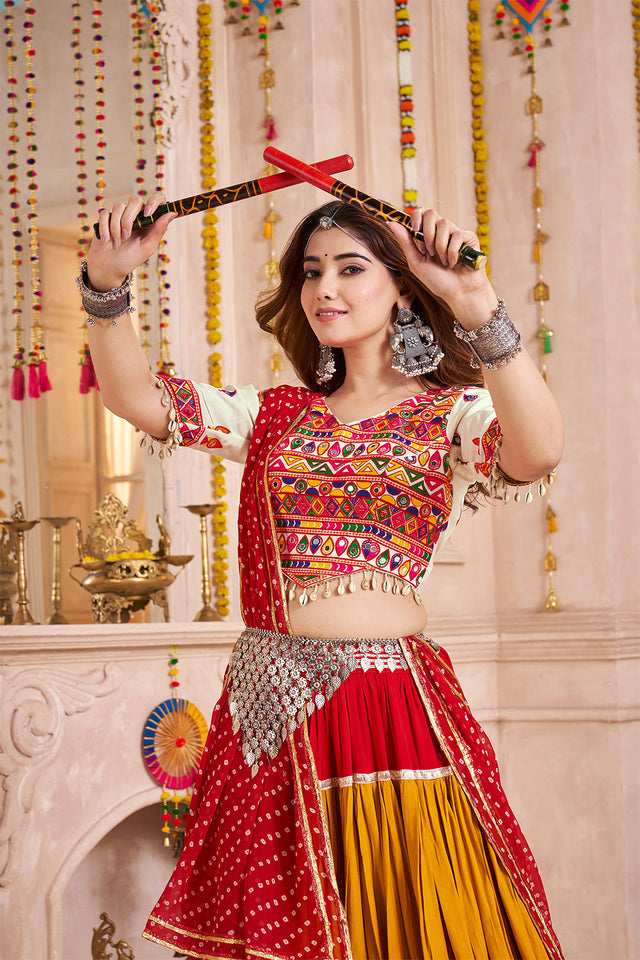 Multi Color Solid with Lace Work Cotton Lehenga