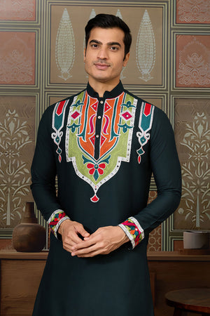 Men's Green Mirror Sequin with Embroidered Cotton Kurta Tops (ACA1462)