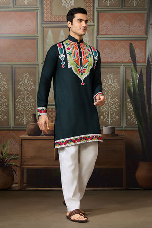 Men's Green Mirror Sequin with Embroidered Cotton Kurta Tops (ACA1462)