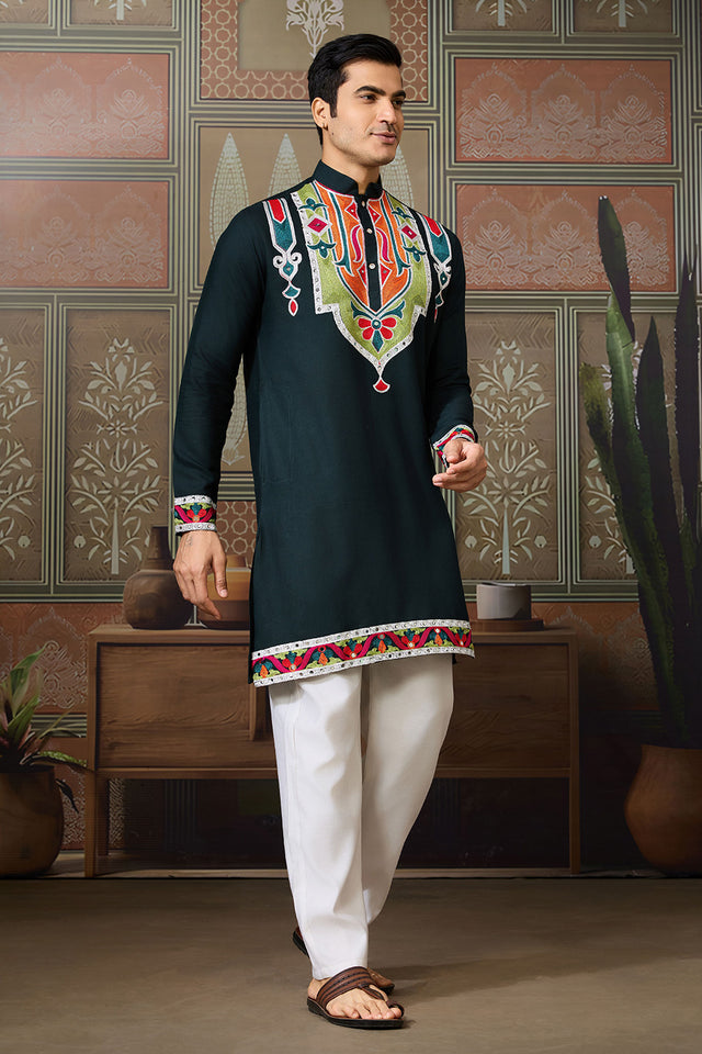 Men's Green Mirror Sequin with Embroidered Cotton Kurta Tops (ACA1462)