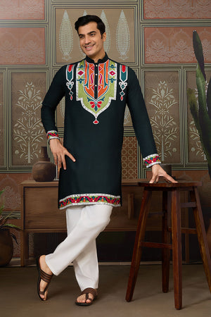 Men's Green Mirror Sequin with Embroidered Cotton Kurta Tops (ACA1462)