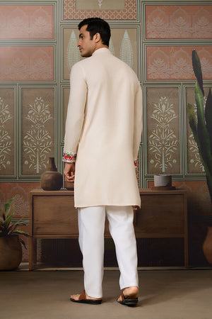 Men's Cream Mirror Sequin with Embroidered Cotton Kurta Tops (ACA1463)