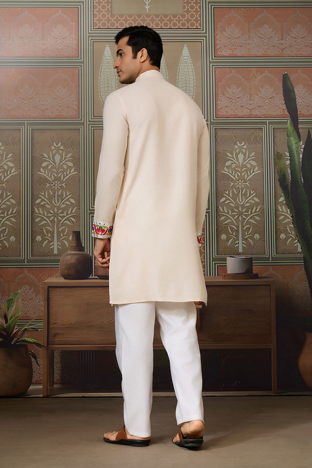 Men's Cream Mirror Sequin with Embroidered Cotton Kurta Tops (ACA1463)