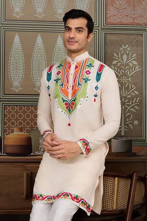 Men's Cream Mirror Sequin with Embroidered Cotton Kurta Tops (ACA1463)