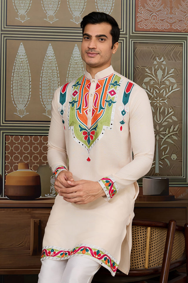 Men's Cream Mirror Sequin with Embroidered Cotton Kurta Tops (ACA1463)