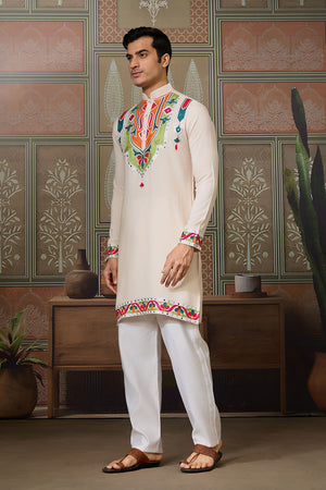 Men's Cream Mirror Sequin with Embroidered Cotton Kurta Tops (ACA1463)
