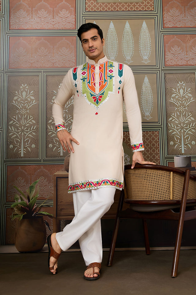 Men's Cream Mirror Sequin with Embroidered Cotton Kurta Tops (ACA1463)