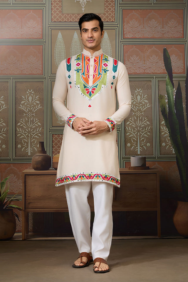 Men's Cream Mirror Sequin with Embroidered Cotton Kurta Tops (ACA1463)