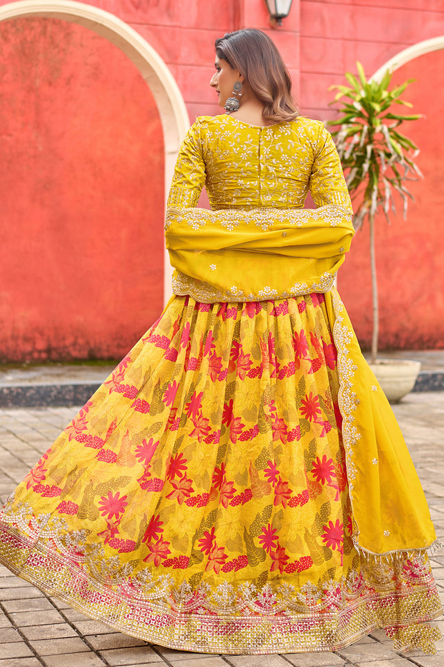 Yellow Floral Printed Silk Lehenga