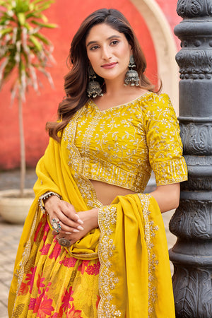 Yellow Floral Printed Silk Lehenga