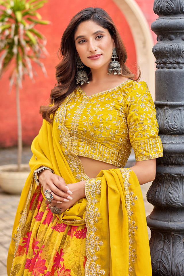 Yellow Floral Printed Silk Lehenga