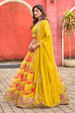 Yellow Floral Printed Silk Lehenga