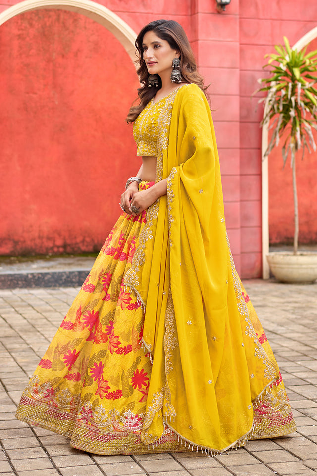 Yellow Floral Printed Silk Lehenga