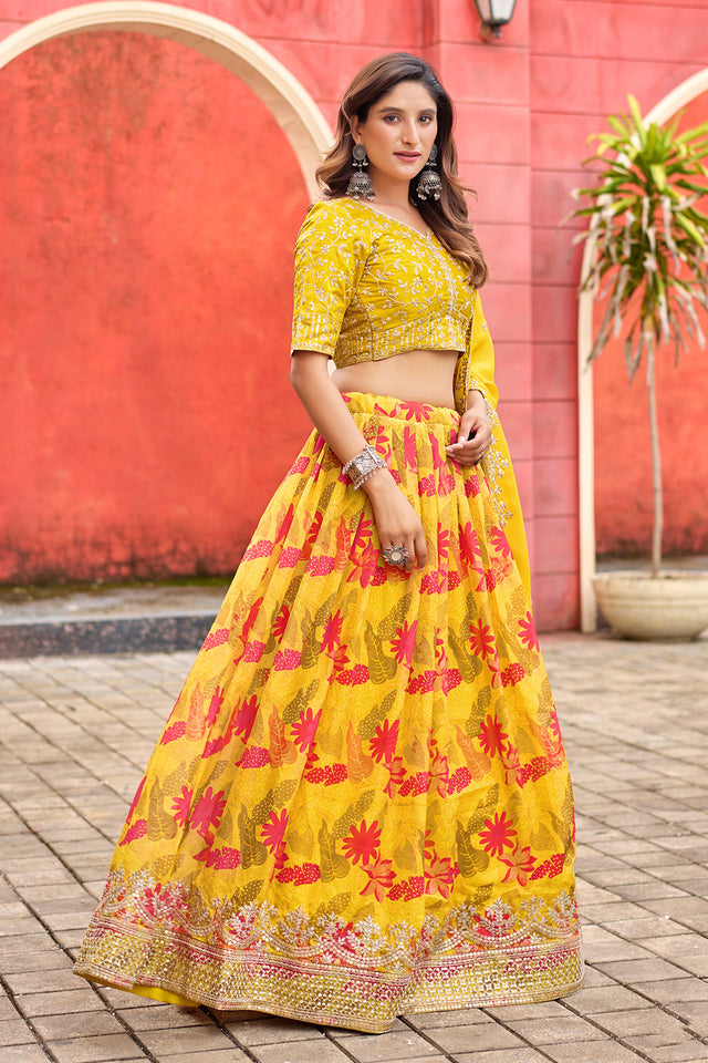 Yellow Floral Printed Silk Lehenga