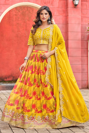Yellow Floral Printed Silk Lehenga