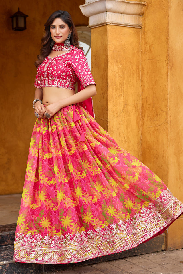 Pink Floral Printed Silk Lehenga