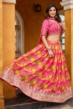 Pink Floral Printed Silk Lehenga