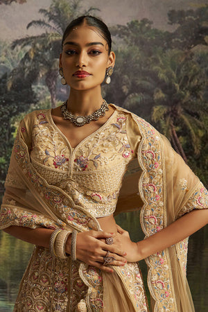 Cream Embroidered Net Lehenga