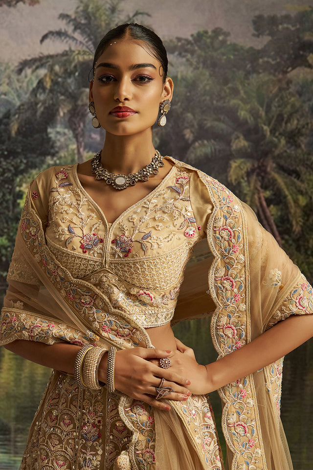 Cream Embroidered Net Lehenga