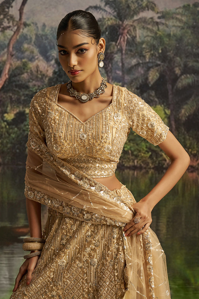 Cream Sequin with Embroidered Net Lehenga