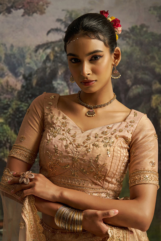 Peach Sequin Net Lehenga