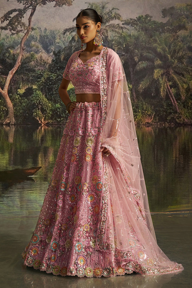 Pink Sequin Net Lehenga