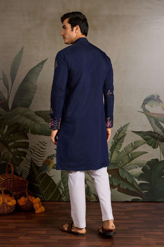 Men's Navy Blue Sequin with Embroidered Viscose Silk Kurta Pyjama Set (ACA1620)