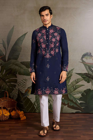 Men's Navy Blue Sequin with Embroidered Viscose Silk Kurta Pyjama Set (ACA1620)