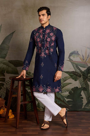Men's Navy Blue Sequin with Embroidered Viscose Silk Kurta Pyjama Set (ACA1620)