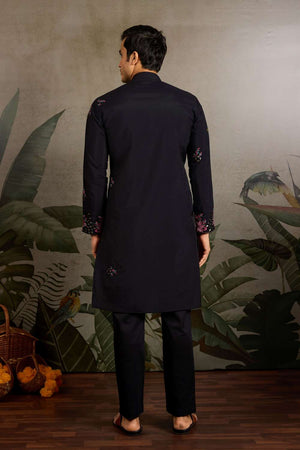 Men's Black Sequin with Embroidered Viscose Silk Kurta Pyjama Set (ACA1621)