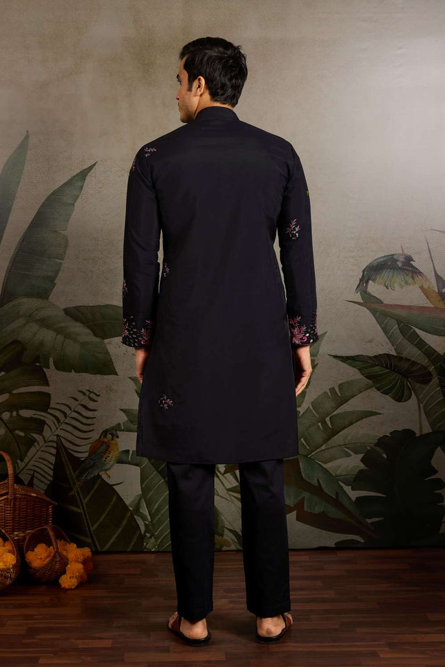 Men's Black Sequin with Embroidered Viscose Silk Kurta Pyjama Set (ACA1621)