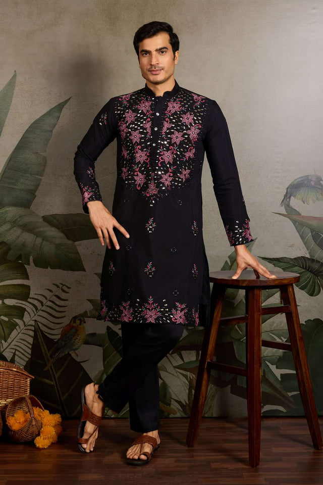 Men's Black Sequin with Embroidered Viscose Silk Kurta Pyjama Set (ACA1621)